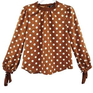 Sweet Rain Brown & White Polka Dot Blouse Top Long-sleeves Women's Size M
